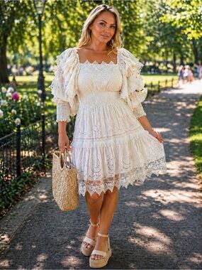 NWOT Ivory Eyelet Smocked Mini Dress with Puff Sleeves